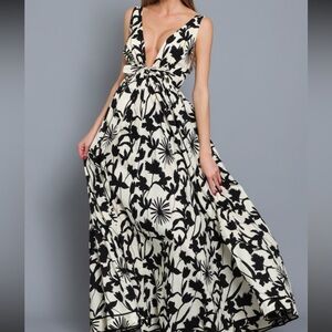 Aakaa Ballagio Black Floral Deep Plunge Maxi Dress